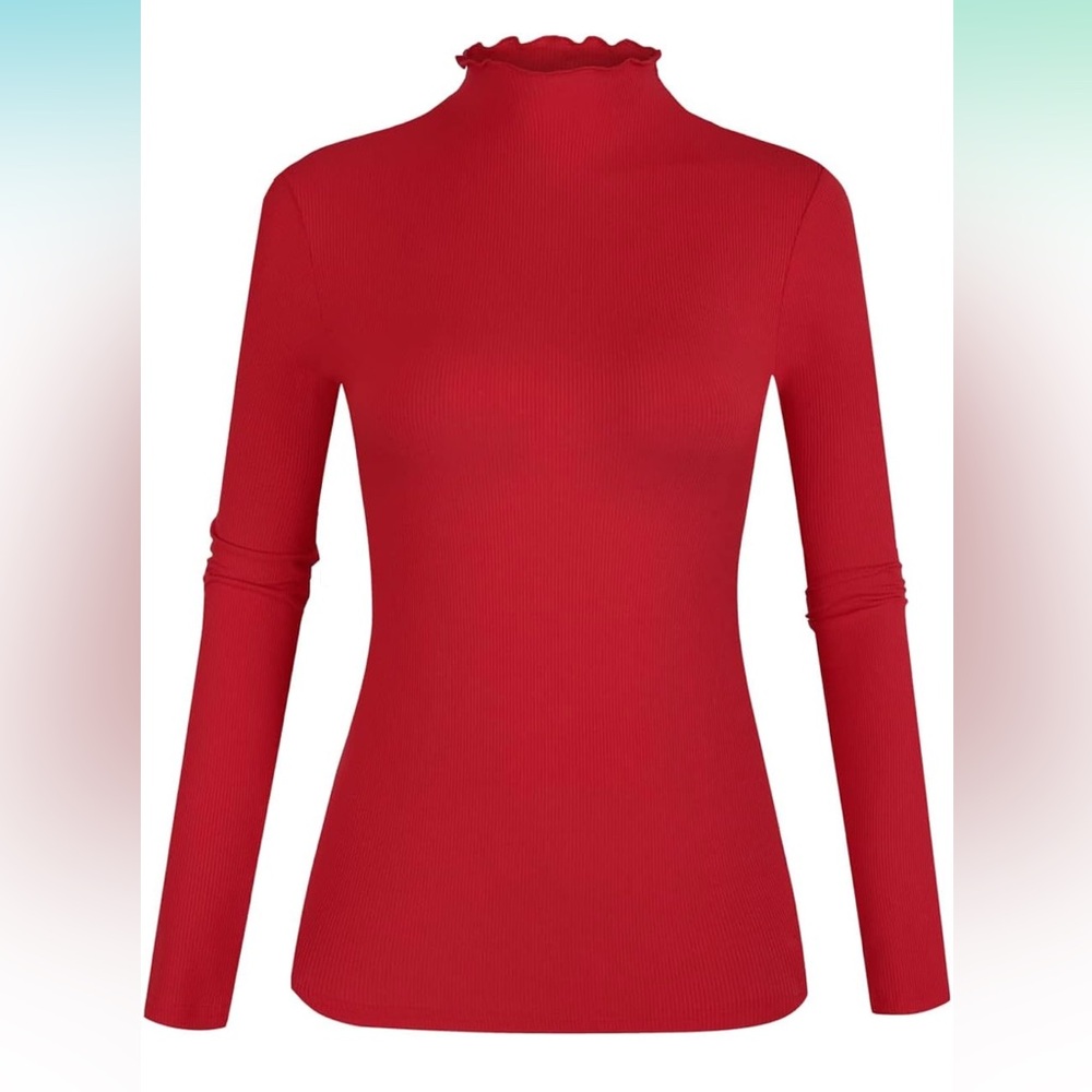 Amazon | POPZONE | Lettuce Trim Mock Neck Long Sleeve Slim Fit Ribbed Knit Tee